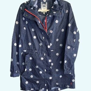 Polka Dot Hooded Rain Coat Joules Right as Rain Blue White Red Zipper Sz 4